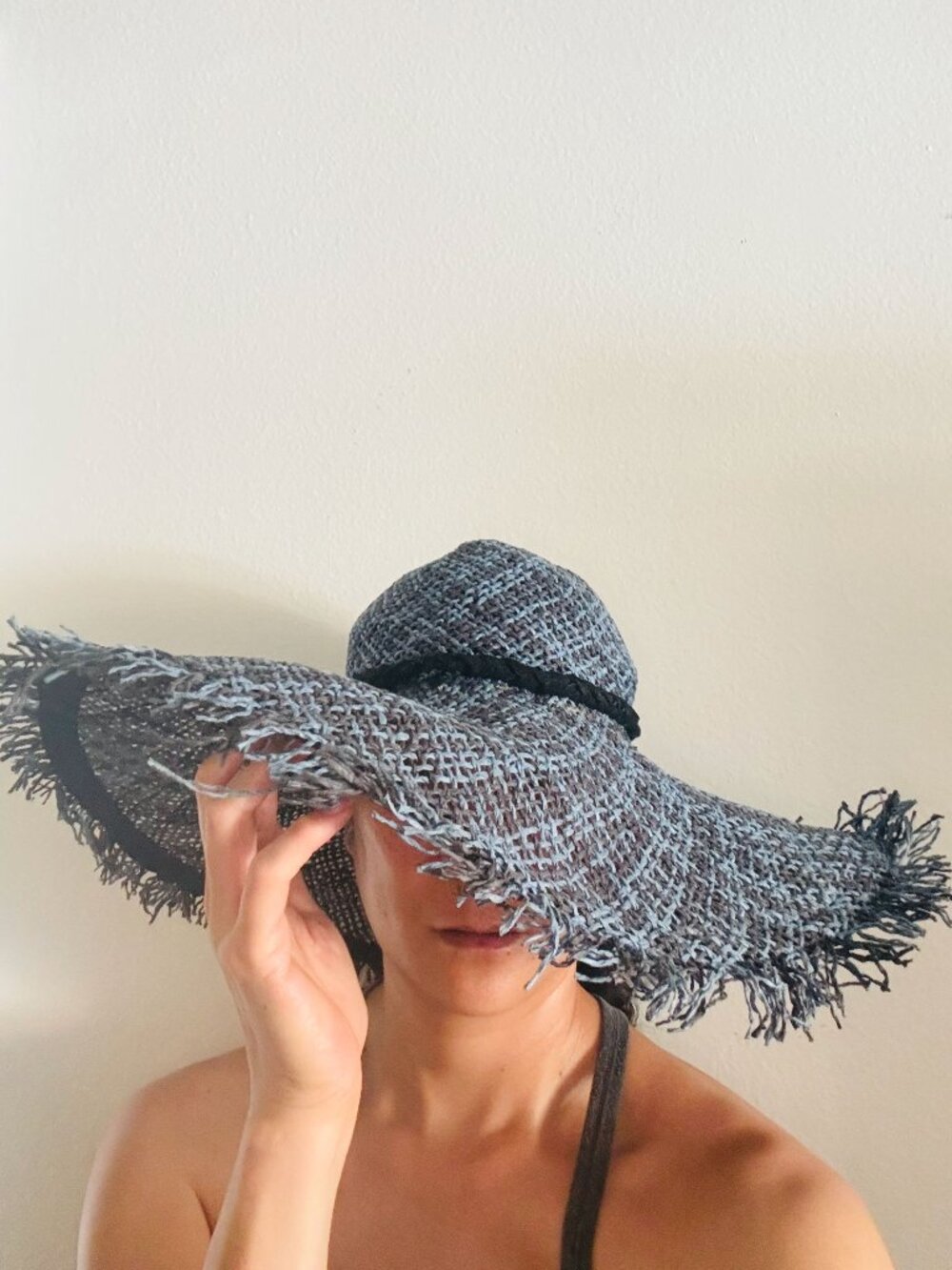 Rip Curl Frayed Raffia Sun Hat - Wide Brim Boho Floppy Beach Hat - Blue & Navy